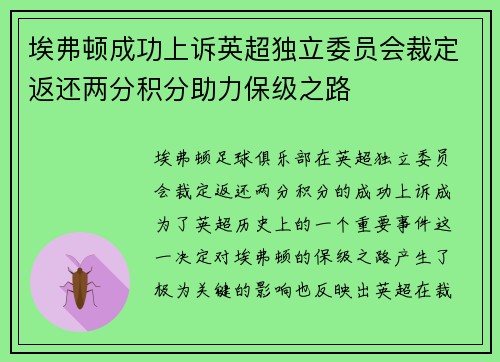 埃弗顿成功上诉英超独立委员会裁定返还两分积分助力保级之路