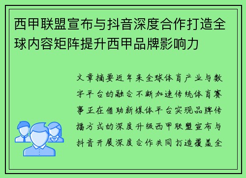 西甲联盟宣布与抖音深度合作打造全球内容矩阵提升西甲品牌影响力