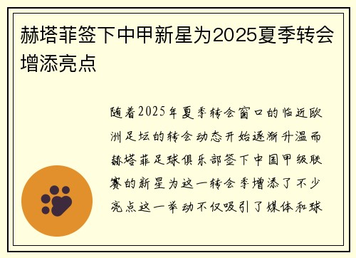 赫塔菲签下中甲新星为2025夏季转会增添亮点